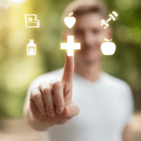 Itinai.com hand touching a medical cross symbol with icons on 950b2969 af97 4fb9 8244 611c4fa24917 3